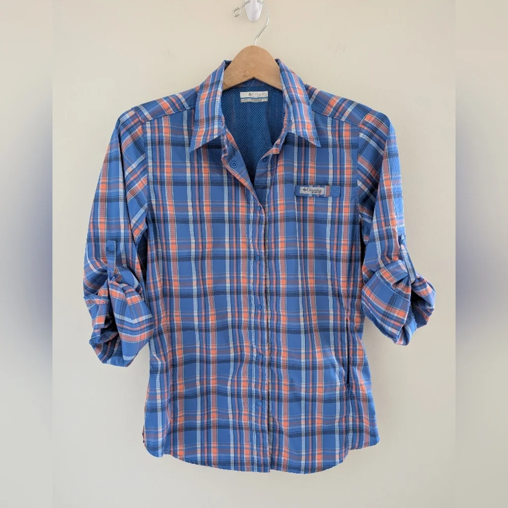 Columbia PFG Omni-Shade Long Sleeve Shirt Women's M Blue Coral Pink Plaid - Picture 16 of 16